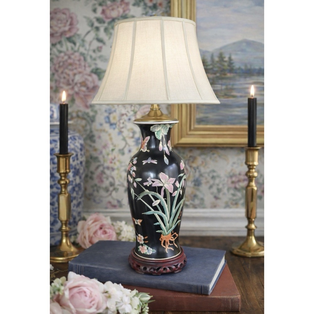 Vintage Famille Noire Style Asian Water Lily Black Floral Porcelain Brass Lamp - Picture 2 of 15